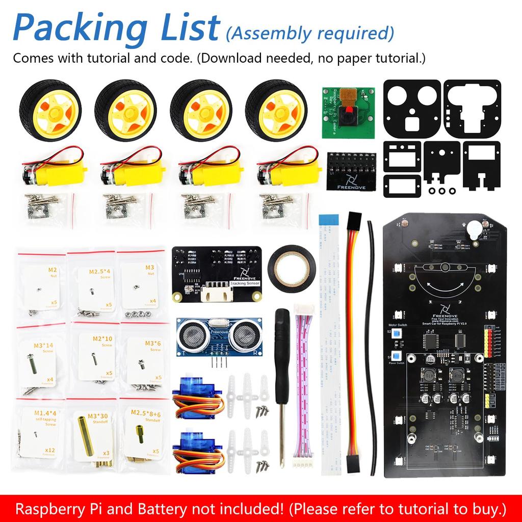 Freenove 4WD Smart Car Kit for Raspberry Pi with Face Line Light Obstacle App and Servo Pi Not 5, 4, B, 3, B+, Zero, 2, W, Tracking, Tracking,