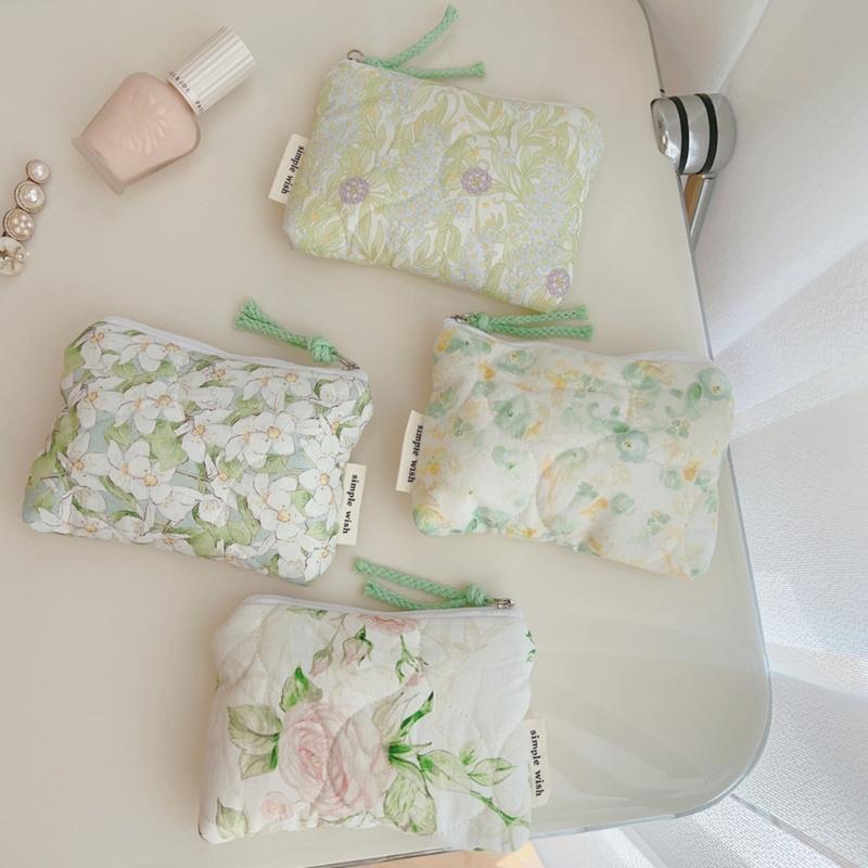 Elegant Flower Print Cosmetic Pouches Compact Cotton Storage Bag Makeup Bag For Lipstick And Essential