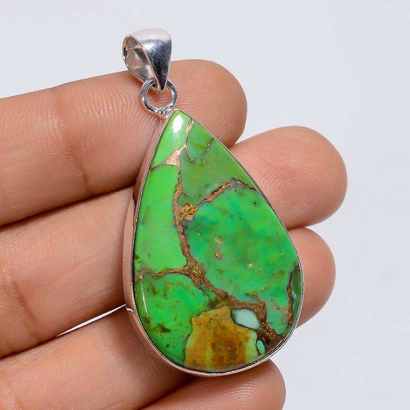 

Dazzling Top Grade Qualite 100% Natural Green Copper Turquoise Pear Shape Ethnic Handmade Jewelry 925 Steling Silver Pendant 1.7 WSJ-4968 1.7