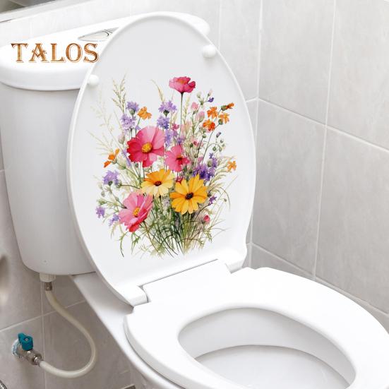 Colorful Flower Toilet Sticker Waterproof Removable Self-adhesive PVC Living Room Bathroom Wall Art Floral Plants Toilet Seat Lid Decoration Decal