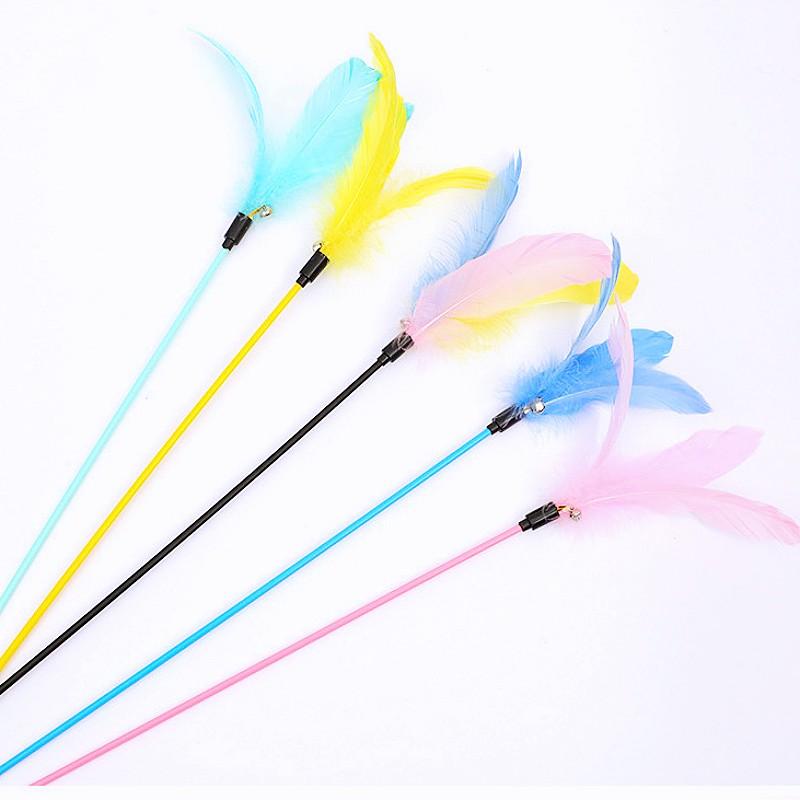 Cat Toy Feather Cats Teaser Stick Set Long Handle Cat Toys 5PCS Feather Sticks Bite-resistant Cats Toys with Bell Pet Products