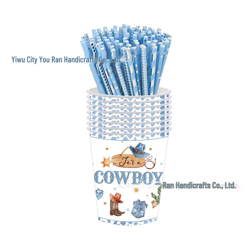 Blue Western Cowboy Party Set: Disposable Paper Plates, Tablecloth, and Napkins for Birthdays
