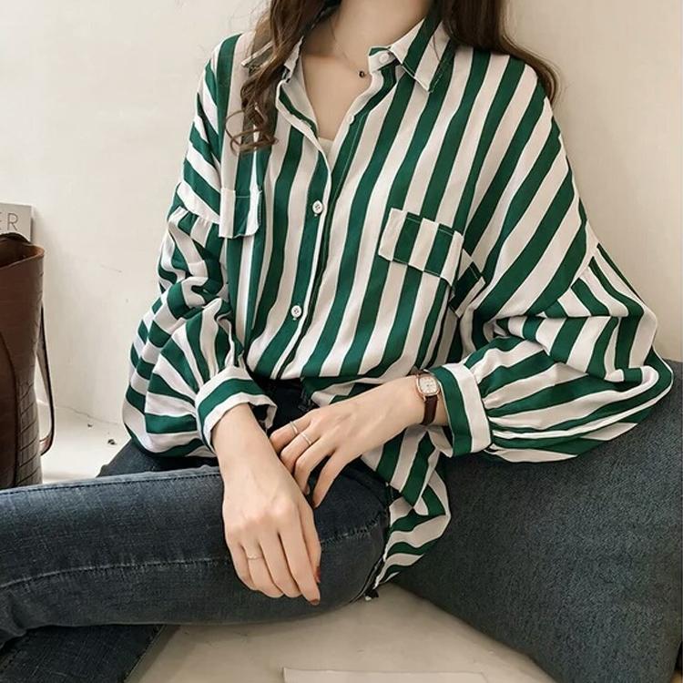 

2025 Осень Новая Свободная Рубашка в Большую Полосатый Цвет Женская Длинный Рукав Топ 4XL зелёный