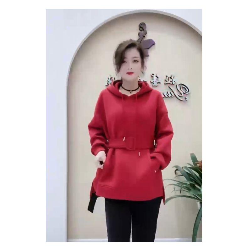 

Korean Style Hood Raglan Sleeve High Quality Air Cotton Long Hoodie Age-Reducing Women Penny-Level Embroidered Belt Outerwear Autumn and Winter Red Small amount of fine products deducted