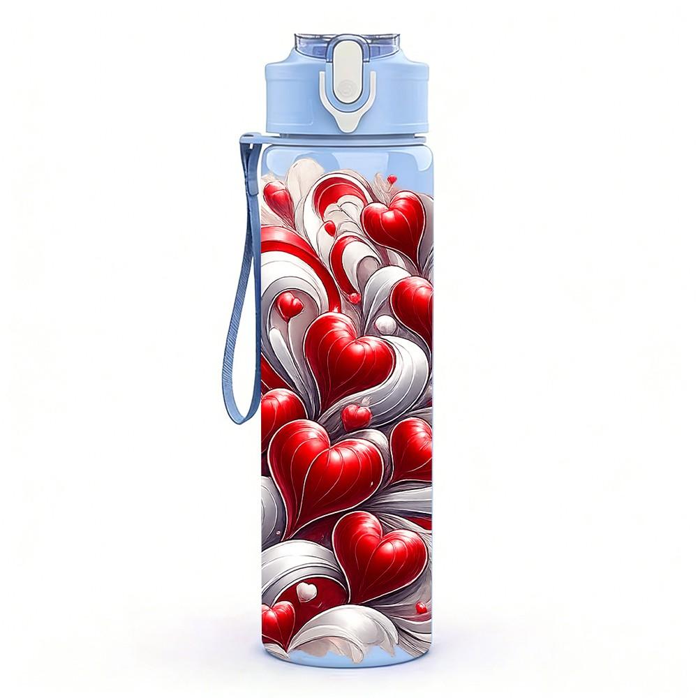1PC Red White Heart Rose Abstract Print 750ml Color Plastic Sports Water Bottle Leakproof Flip Straw Lid Suitable for Sports Office Home Use