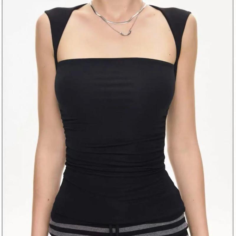 

Women s Square Neck Wide Strap Sleeveless Fitted Tank Top S чёрный