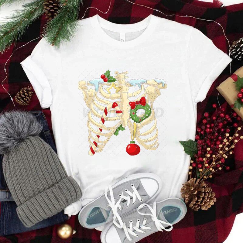 Christmas Skeleton Skull Tshirt Unisex Women Fashion Casual Tops Xmas Festive Holiday Classic Tops Unisexs Womens Clothing