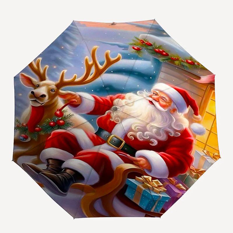 1pc Christmas Santa Claus Deer Sleigh with Automatic Opening/Closing Umbrella, Portable Tri-Fold Design, 8-Bone Iron Frame Outdoor Umbrella, Festive G