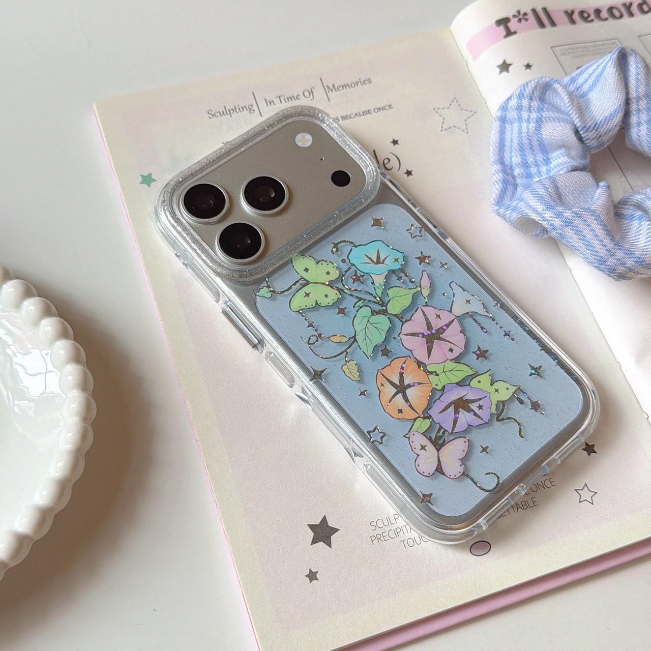 Colorful Butterfly Morning Glory Case for iPhone 17 Pro Max Drop-proof Compatible with Apple 15, 16 Gold 14pro