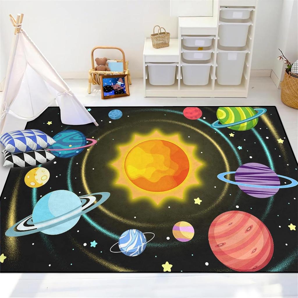 Space Rug - Space Rug for Boys Room Cartoon Solar System Carpet Educational Learning Carpet for Playroom Planet Themed Mat