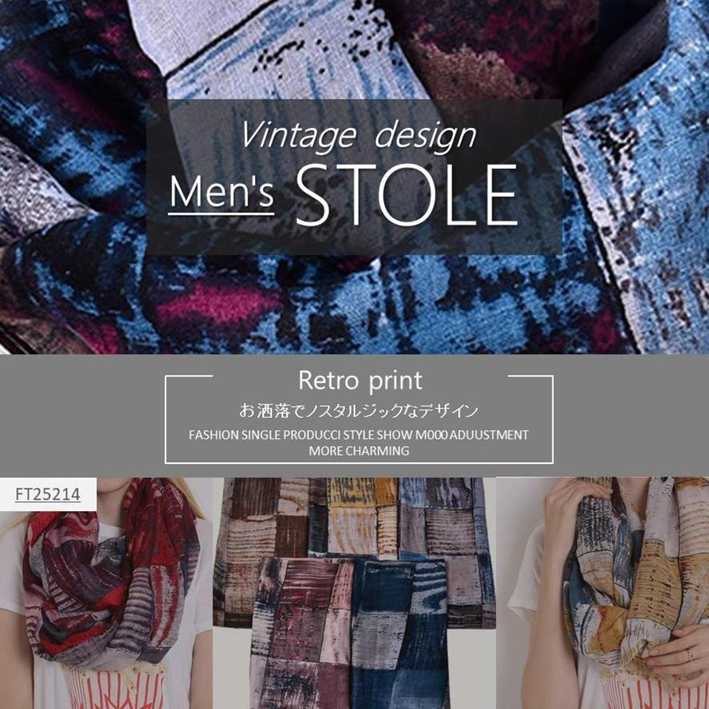 [Eternal Leaf] FT25214 Vintage Stole, Large Oversized Retro Print, Lightweight Gauze Shawl for Men & Women (03. Navy)