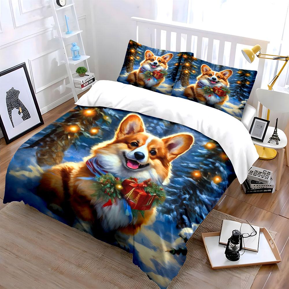 Festive Corgi in Snow Scene Bedding Duvet Cover Set (1*Duvet Cover 2*Pillowcases, without duvet insert)