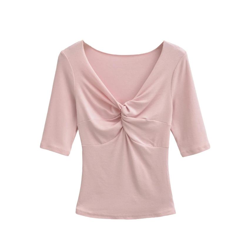 Kink V-neck Medium-sleeved T-shirt Women's Summer New American Spice Girl Style Solid Color Slim-fitting Slim Bottom Top