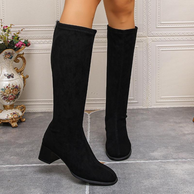 Autumn and Winter New Suede Round Head Thick Heel Back Zipper Fashion High Boots Women's High Heels But Knee Thin Women's Boots