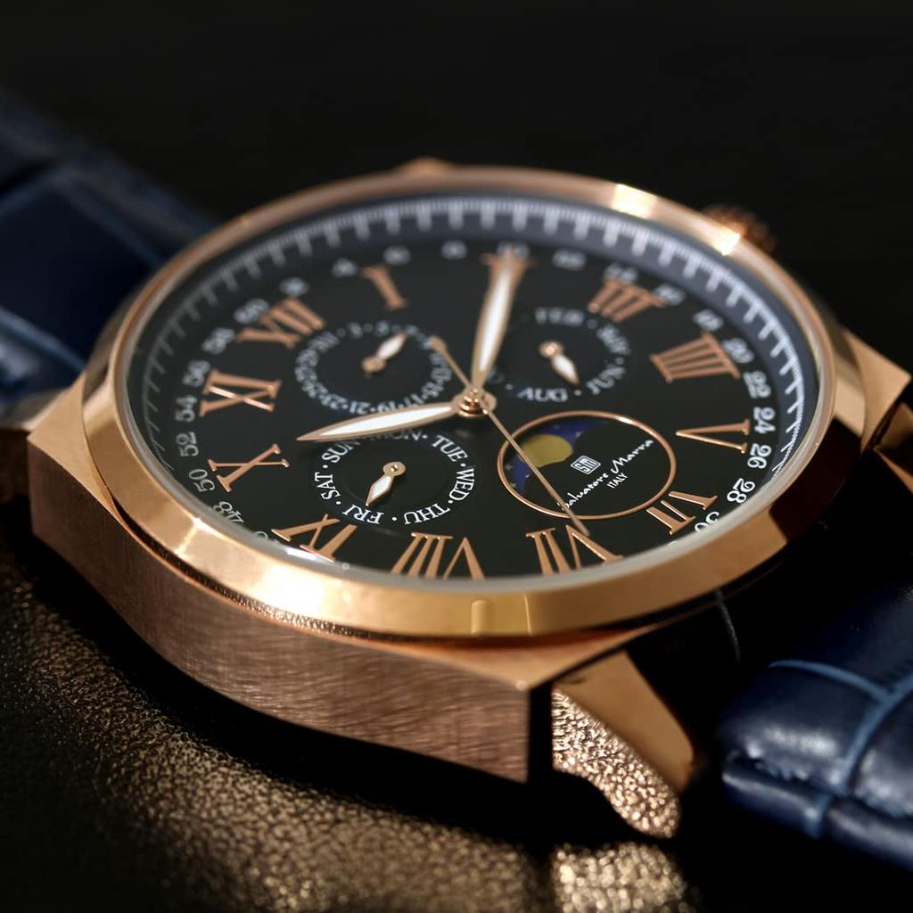 Salvatore Marra Watch Moon Phase 5 ATM Water Resistant Business Formal Leather Strap Limited Edition Blue Pink Gold Multi-Calendar Men's SM22105S-PGBL