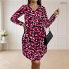 Women Plus Size V Neck Long Sleeve Printed Loose Fit Curved Hem Dress