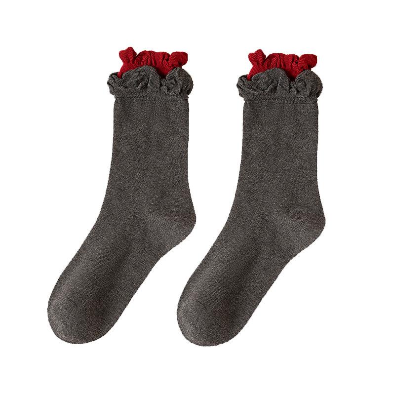 5 Pairs Grey Socks Women's Cotton Yarn Mid-calf Socks Spring and Autumn Tide Jk Clashing Ballet Style Lace Stacked Socks Autumn