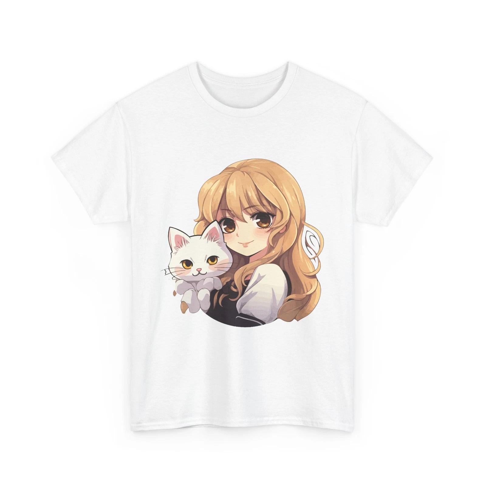Футболка с аниме-девушкой, Аниме-девушка с кавайным котенком, Женская футболка для девушек 4XL