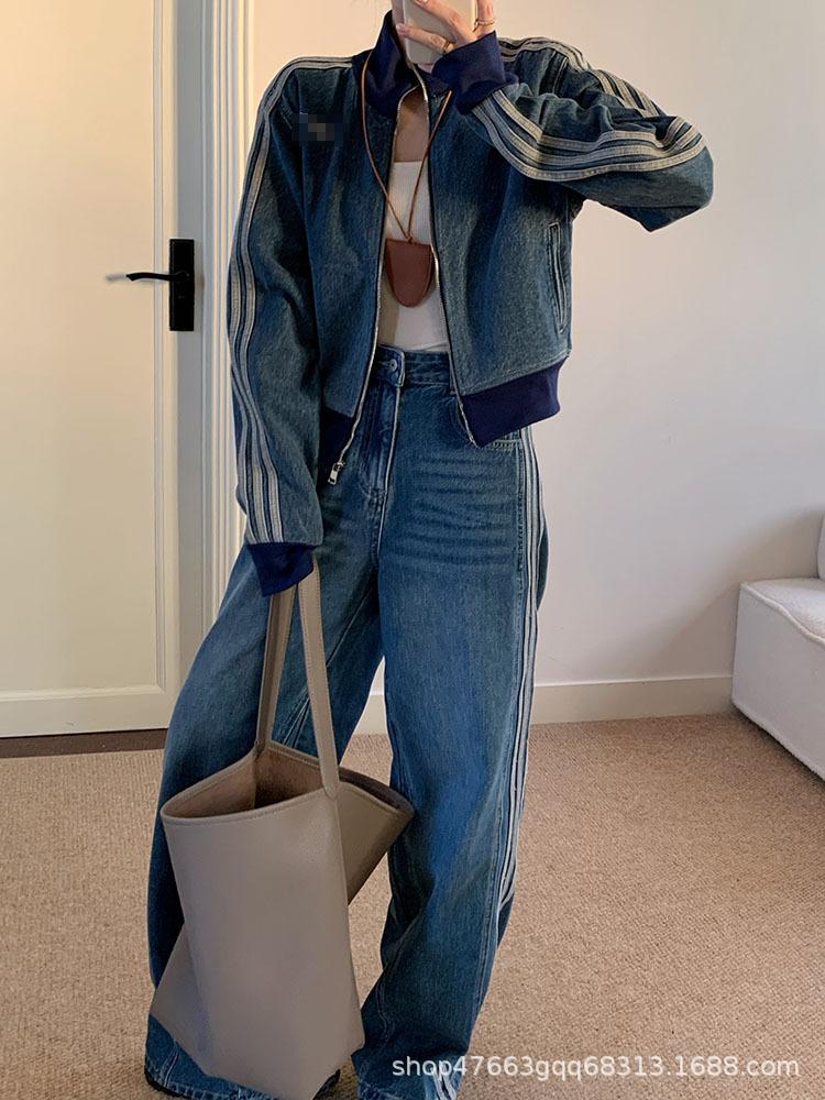 Korean Fashion Denim Suit Women's Spring and Autumn New Casual Sports Loose Short Jacket Wide-leg Pants Two-piece Trendy