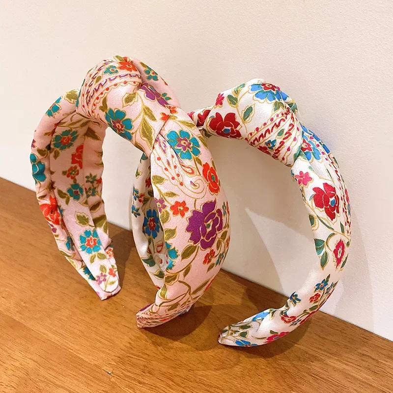 Vintage Stoff Stickerei Gedrehtes Haarband Mode All-Match Breitrandiges Stirnband Druck Haarschmuck für Frauen Diademe