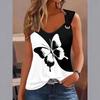 Skull Print Metal Eyelet Round Neck Sleeveless Butterfly Back Top Women Loose Fit Cotton Blend