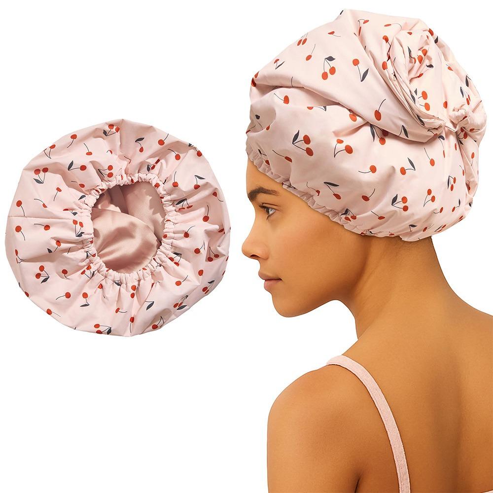 Waterproof Women Show Caps Three Layer Large Shower Caps Shower Cap for Long Thick Hair Soft Bath cherry