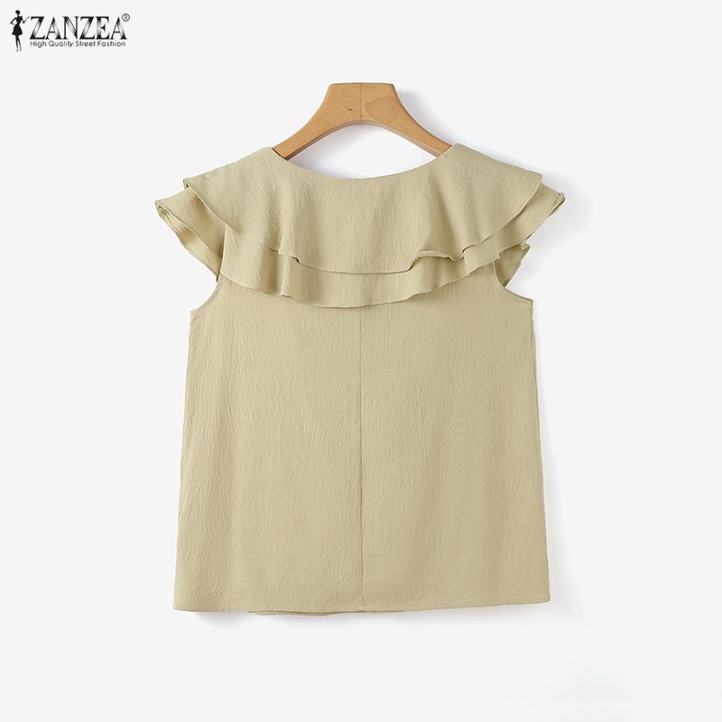 ZANZEA Women Ruffles Round Neck Loose Casual Sleeveless Blouse