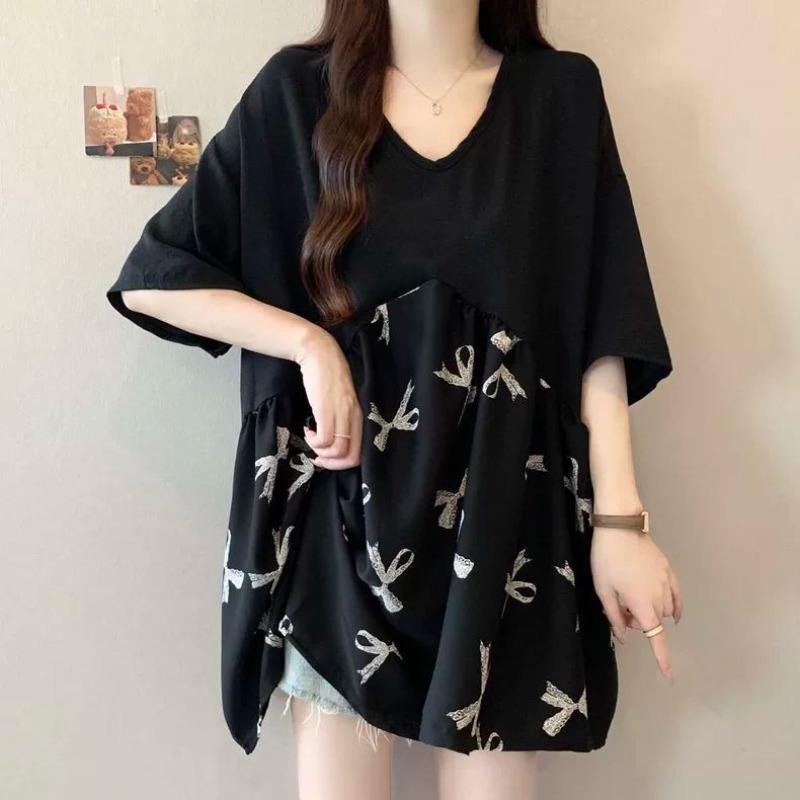 

Splicing Design Women s T-shirt Loose V-neck Bow Print Pattern Famale Short Sleeved T-shirts Summer Daily Comfortable Ladies Pullover Top M чёрный