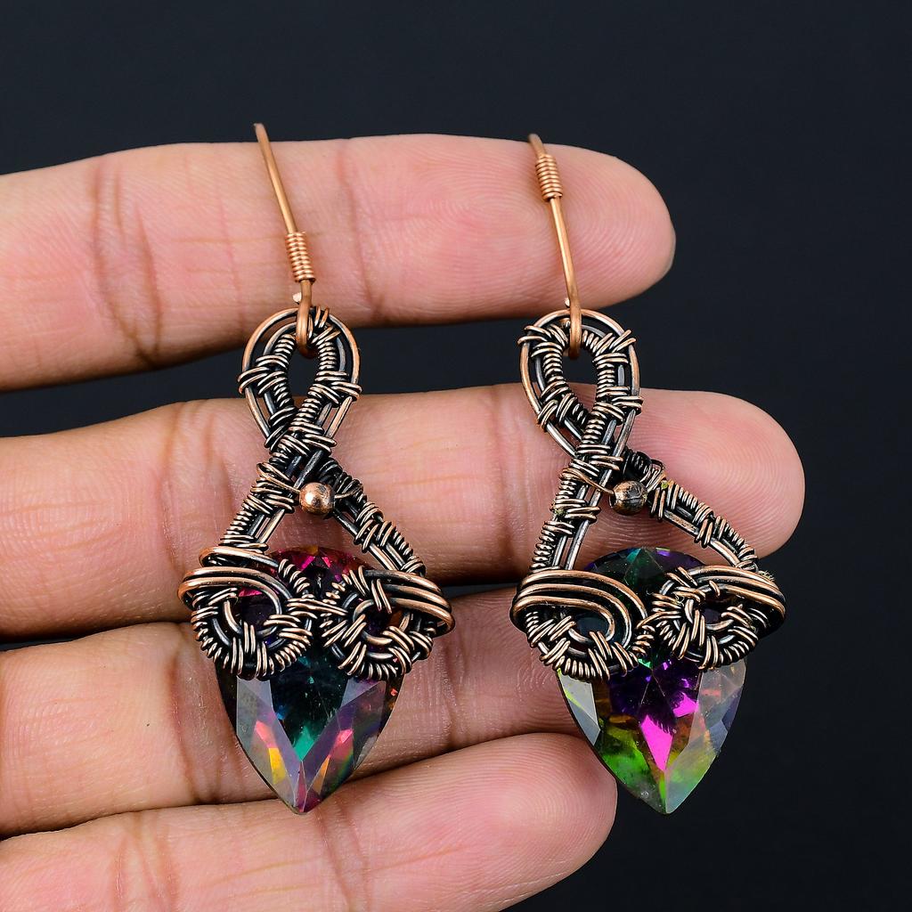 Mystic Topaz Handmade Copper Wire Wrap Jewelry Earring 2.76 H7M58
