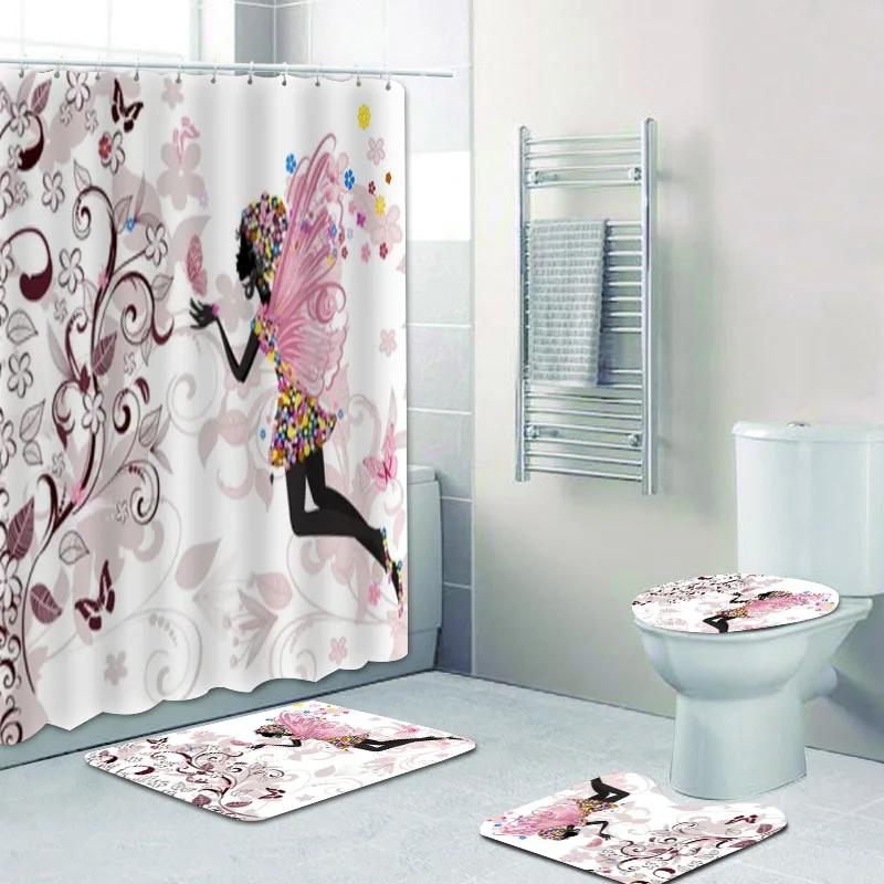 Watercolored Cute Angels Cherub Curtain Shower Curtains Set Floral Cupid Angel Wings Fairy Bathroom Curtain Set Mats Home Decor