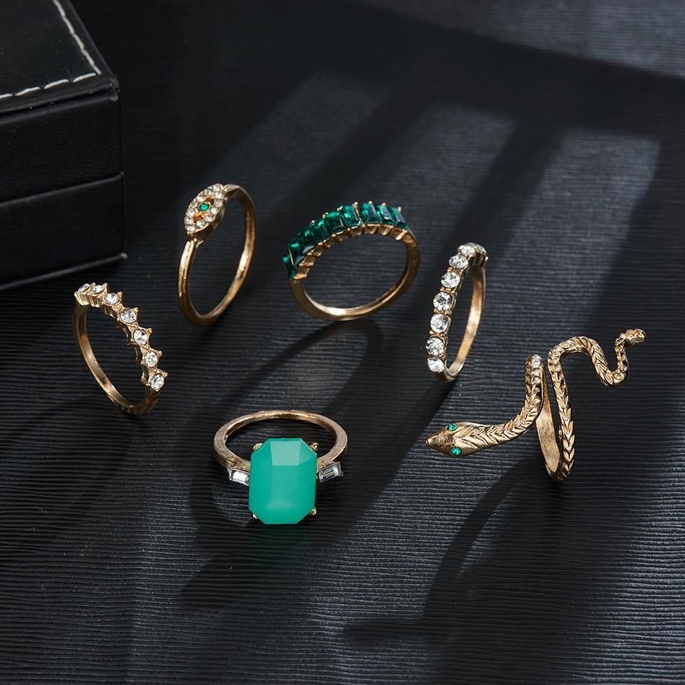 Bohemian 6-piece Combination Green Crystal Ring Set For Women