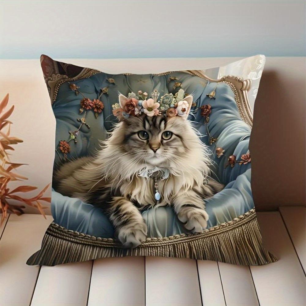 2D Flat- Vintage Royal Floral Cat Throw Pillow Cover Luxury Tufted Blue Sofa Cat Cushion Case For Home Decor