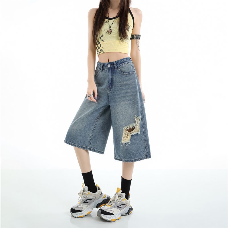 Mode Sommer Zerrissen Verwaschen Dünner Stoff Weiter Bein Locker Gerade Jeans Cropped Capri-Hose Zerstört Gewaschen Vielseitig Schlankmachend Streetwear Hosen