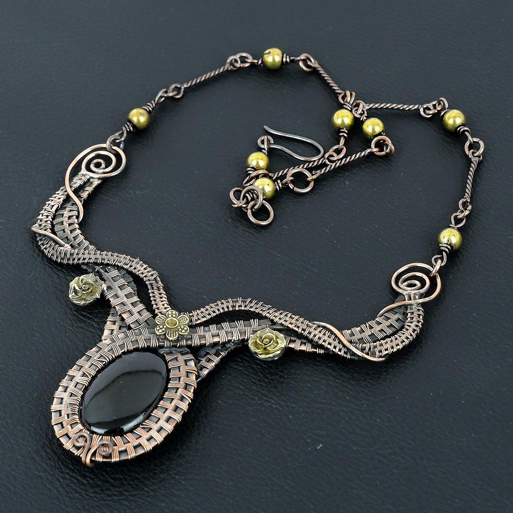 Black Onyx  Necklace Handmade Jewelry, 999 Copper Wire Wrapped Necklace Designer Gemstone Jewelry Adjustable Chain Necklace Gift For Mom
