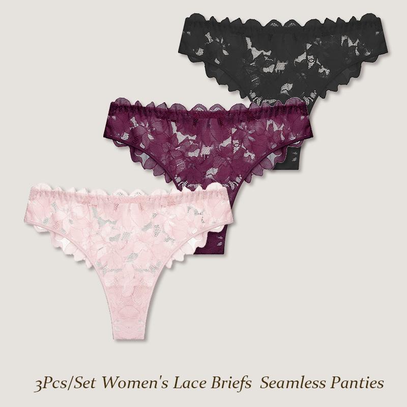 FINETOO 3Pcs/Set Women's Lace Briefs Women Seamless Panties Solid Color Breathable Underwear Female Low Waist Soft Lingerie S-XXL