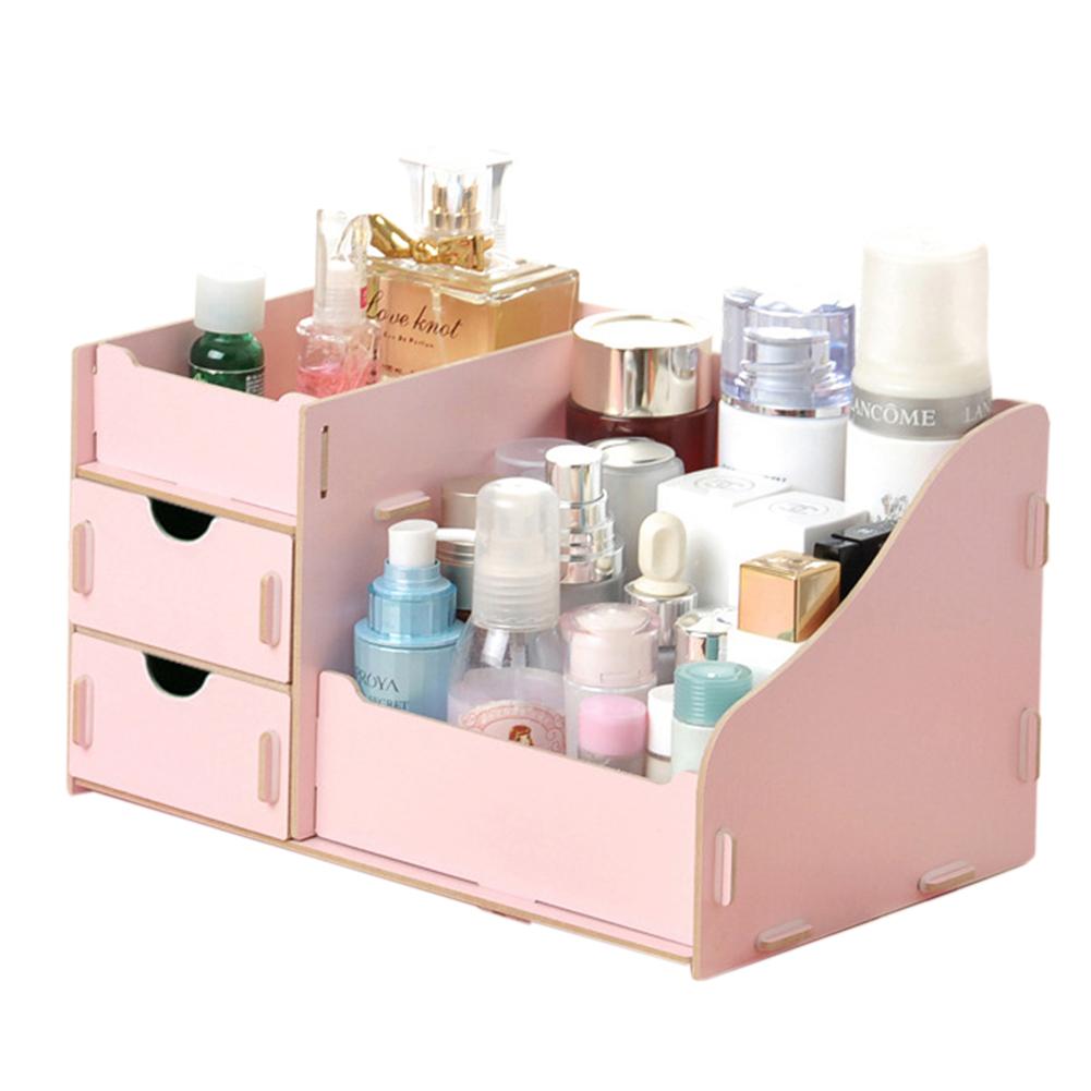 

Wooden Makeup Cosmetic Organizer Desktop Storage Box Rack 27.5 17 13.5cm Pink