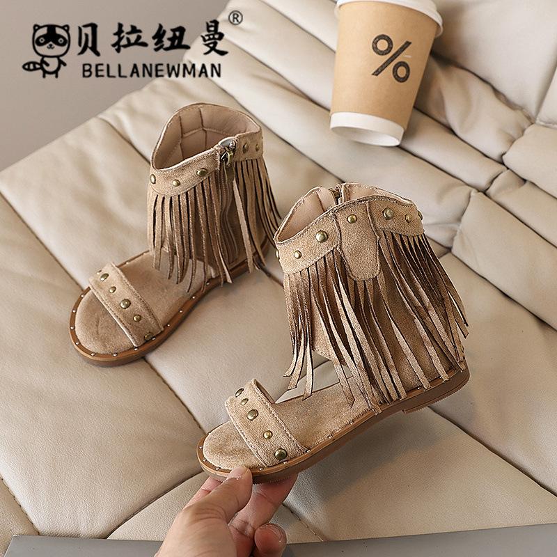 

Trendy summer sandals for girls, new fashion one-strap Roman shoes, bohemian style with tassels, children s cool boots 26the Length Within the C
