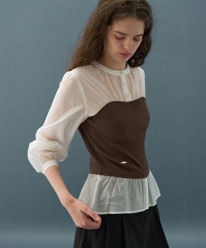 Deuloupisumeon Sheer Shirred Bustier Blouse [Brown]