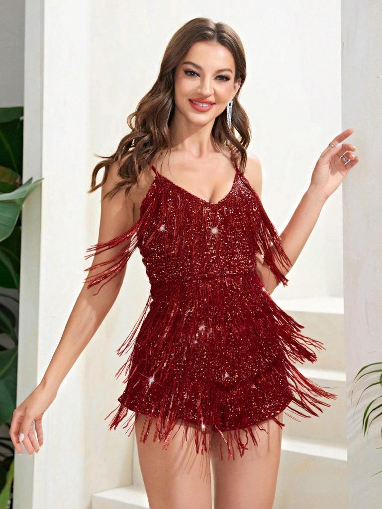 European & American Sexy Sequin Deep V Tassel Jumpsuit: Retro Party Slim Fit