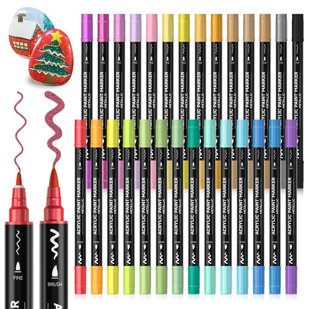 Shuttle Art Acrylic Metallic Brush Fine Tip Twin Paint Suitable for and Art Gift Markers, Colors, & Pen, 28-Color Set, Glitter, Water-Based Markers,