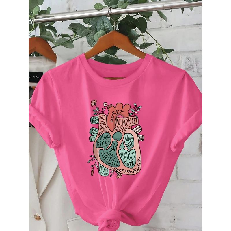 Women'S Casual Crew Neck T-Shirt with Pulmonary System Design - Short Sleeve, Machine Washable, Summer Fashion Top with Illustration,