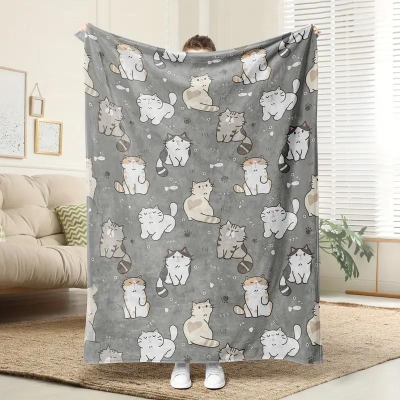 Soft Cat Face Print Flannel Blanket - Suitable for All Seasons, Perfect for Camping, Traveling, Bed, Halloween Christmas