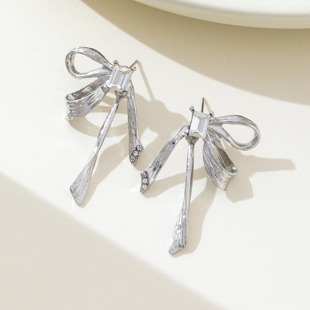 Retro Temperament Silver-toned Brushed Stereo Ribbon Bowknot Zircon Tassel Stud Earrings for Women Korean Designer Jewelry Gifts