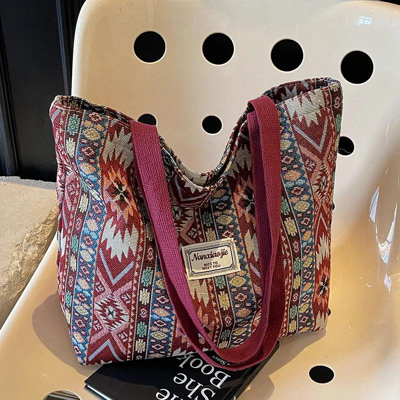 WTEMPO Bolsos Tote Versátiles Casuales con Cremallera para el Hombro Bolsos de Mano Estampados para Mujer Estilo Étnico Bolsos de Lona de Gran Capacidad