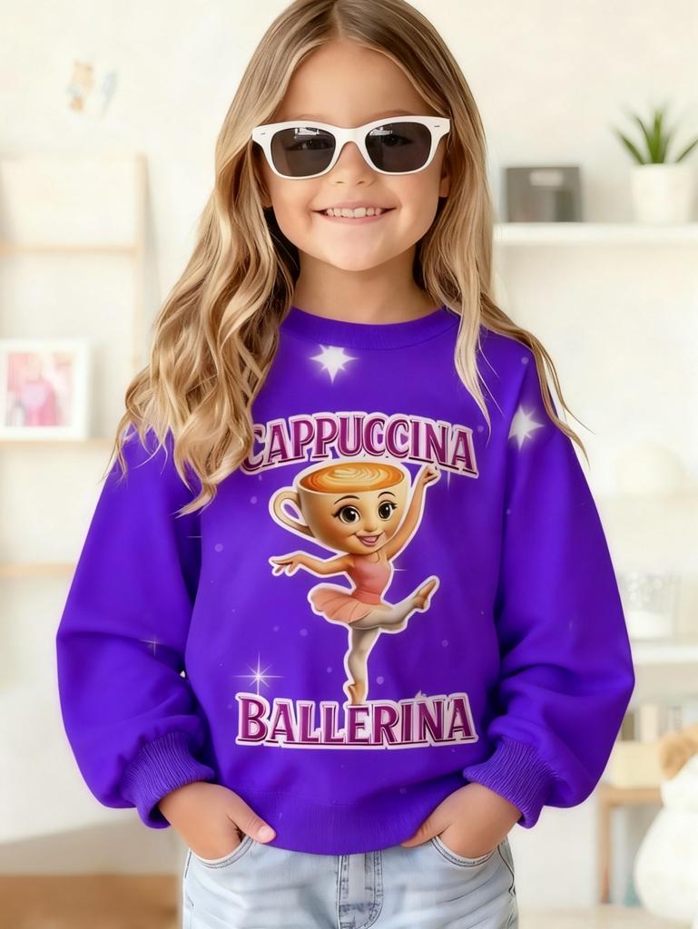 Italian Brainrot Girl Clothes Cute Cappuccina Ballerina Crew Neck Sweatshirts Casual Loose Fit Long Sleeve Autumn Girls Hoodies