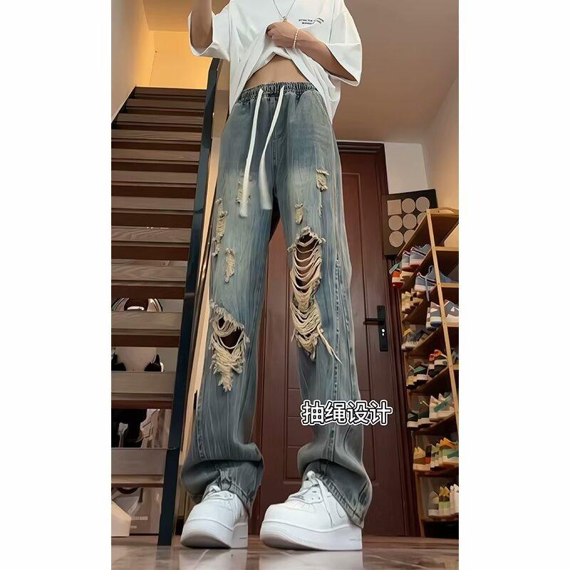 Big ripped jeans men's summer American high street thin high-end design loose wide-leg dad nine-point pants