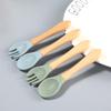 Silicone Baby & Toddler Tableware with Wooden Handle Fork & Spoon for Feeding Training