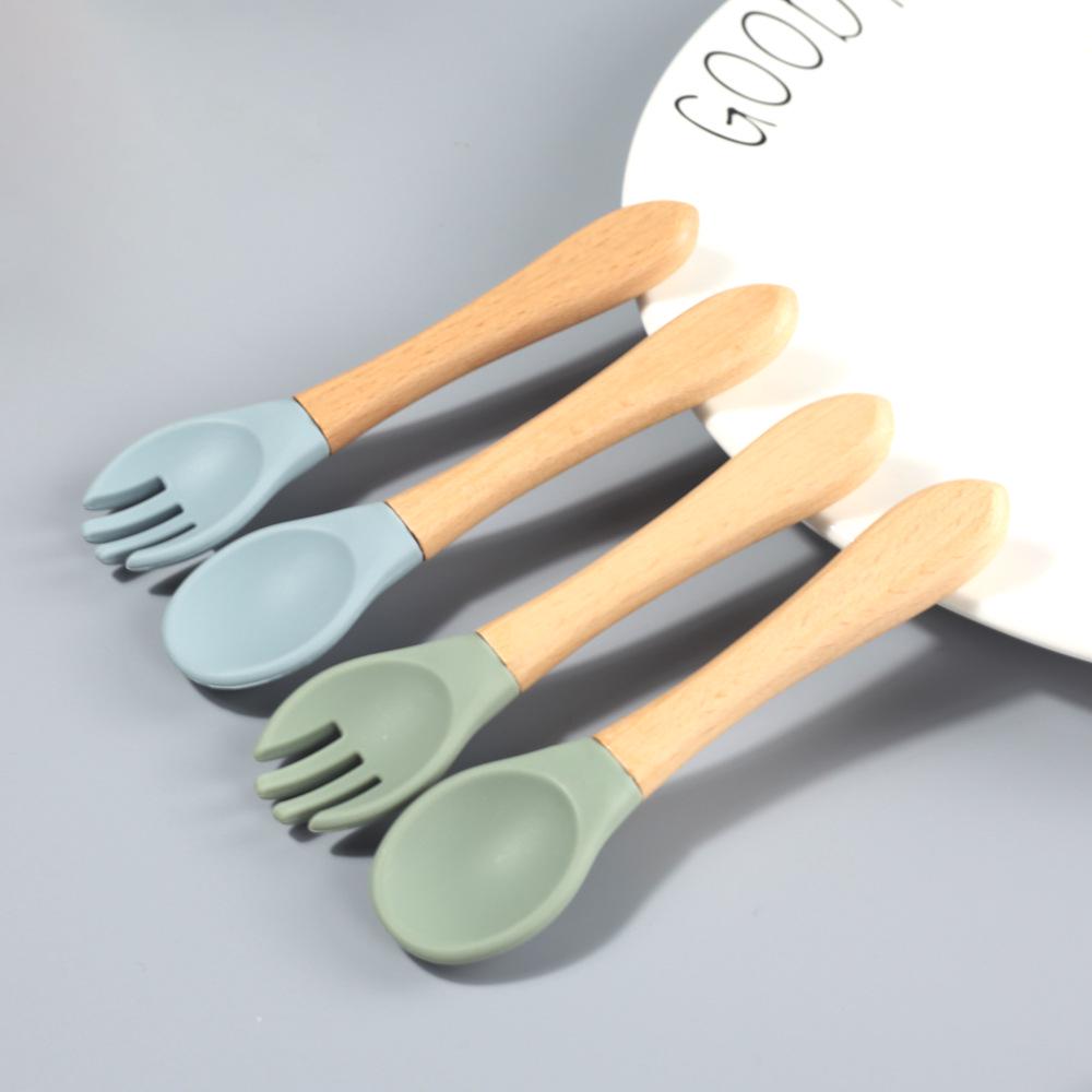 Silicone Baby & Toddler Tableware with Wooden Handle Fork & Spoon for Feeding Training