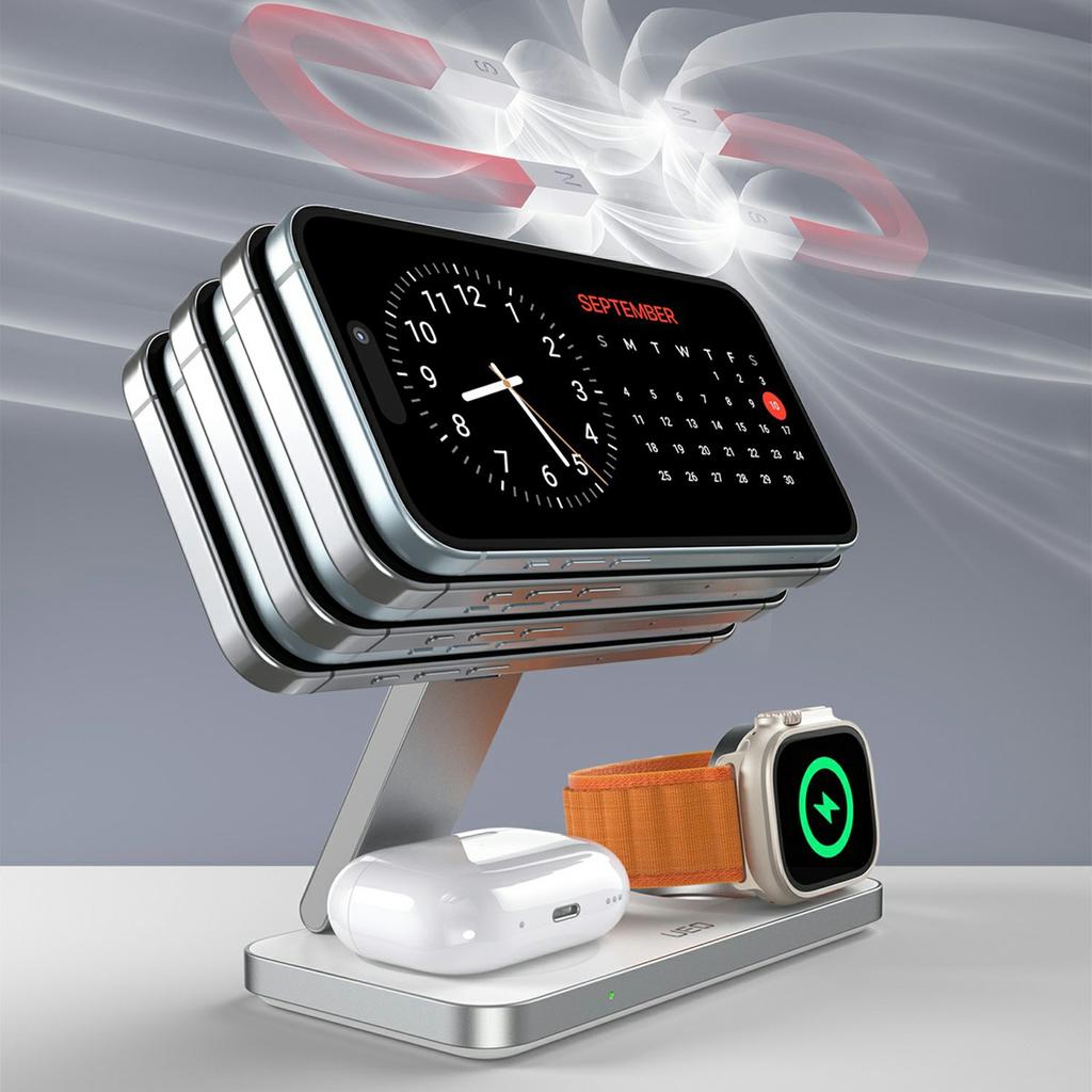 T8 3 in 1 Wireless Charging Station Foldable Charger Stand for iPhone 15-12/Apple Watch/Airpods