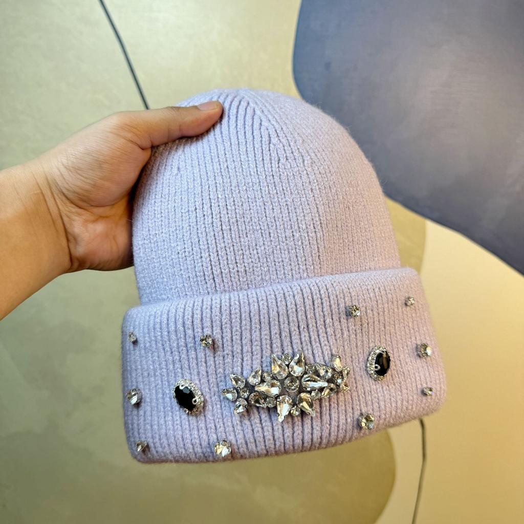 Light Luxury Rhinestone Rabbit Fur Beanie Women's Autumn and Winter White Knitted Hat Big Head Circumference Showing Face Small Baotou Cold Hat Trend